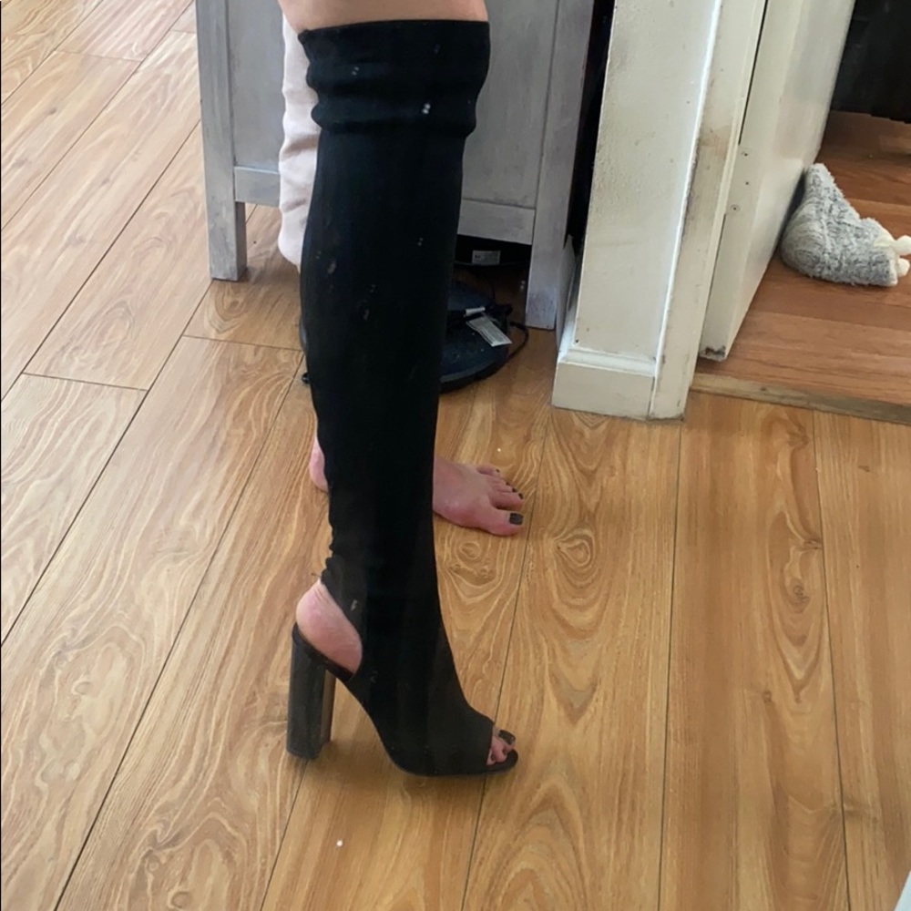 Yeezy Like over the knee open toe boot .